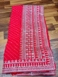 Red Georgette saree with Leheriya print and embroidery, free size (5.5m x 0.8m), Indian origin