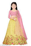 Kids net lehenga choli, dupion silk top with embroidered semi stitch net fabric. Net dupatta and inner with embroidery work for 8-12 year olds, height 35-36" waist 30-31". Made in India