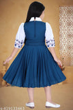 Blue crepe knee-length printed dress for kids partywear, featuring three-quarter sleeves and cute design. Made in India