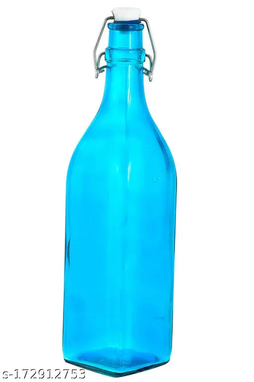 Sky Blue Machak Square Glass Bottle with Cork (1L), kitchen decoration set of 1 - food grade safe, freezer-safe, spill-proof, BIS/ISI certified