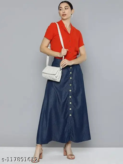 Casual blue denim women's skirt, flattering fit, solid pattern, soft denim, everyday essential, length 36 inches, sizes range from 26-44