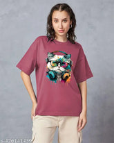 Cotton blend oversized round neck t-shirt for women and girls, printed with vibrant design