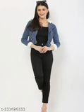 Blue denim multi-zip fur jacket with white soft collar and four pockets for women, size S (34in bust, 24in length)