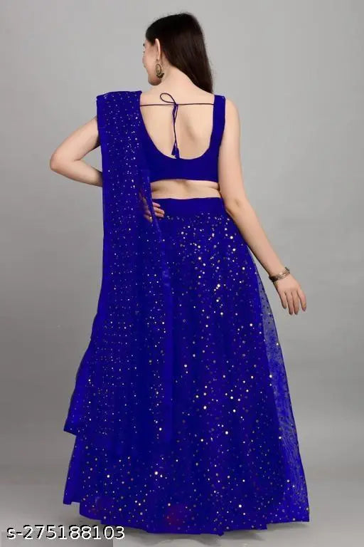 Blue satin semi-stitched lehenga with embellished net dupatta and unstitched blouse, Indian women's traditional wedding wear
