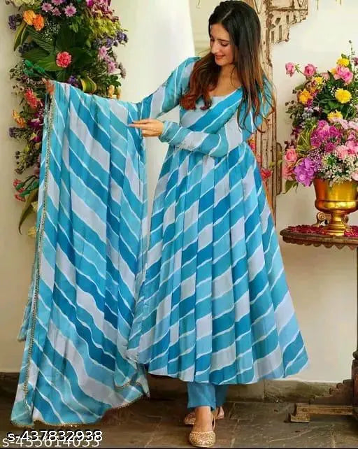 Georgette Laheriya print dress with dupatta and bottomwear, three-quarter sleeves, trending Indian women's fashion from MKV Enterprise. Single size available, S-XXL