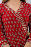 Red rayon Anarkali kurti with raindrop print, three-quarter sleeves - women's fashion from India