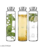 Glass food-grade airtight water bottles (set of 3), leakproof stainless steel lids, clear material, 750ml capacity, fridge compatible, BIS/ISI certified, for water, smoothie, and beverage preparation