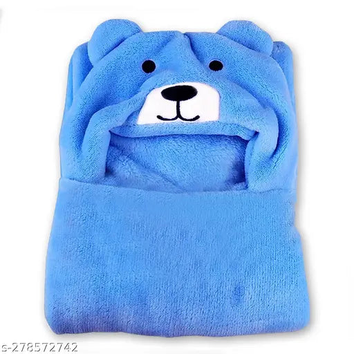 Blue wool hooded baby blanket, soft and lightweight for winter use by OYO BABY. Animal print design with machine-stitched pattern for durability. Ideal for crib, travel, nap, stroller, or all-season use. Made in India