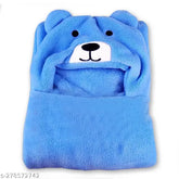 Blue wool hooded baby blanket, soft and lightweight for winter use by OYO BABY. Animal print design with machine-stitched pattern for durability. Ideal for crib, travel, nap, stroller, or all-season use. Made in India