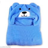 Blue wool hooded baby blanket, soft and lightweight for winter use by OYO BABY. Animal print design with machine-stitched pattern for durability. Ideal for crib, travel, nap, stroller, or all-season use. Made in India