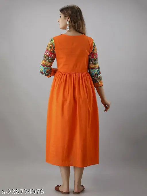 Rayon printed solid dyed flare long kurta, three-quarter sleeve, single color design for women's fashion, India origin
