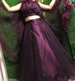 Grey jute and silk chaniya choli/lehenga with embroidered blouse, net bottom, ruffled dupatta. Indian bridal or partywear, features Kasavu, Rajasthani mirror work, wine color, extra long gher lehenga