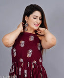 Peacock feather rayon anarkali kura, printed sleeveless dress in peachy shades for women, fashionable Indian outfit on display