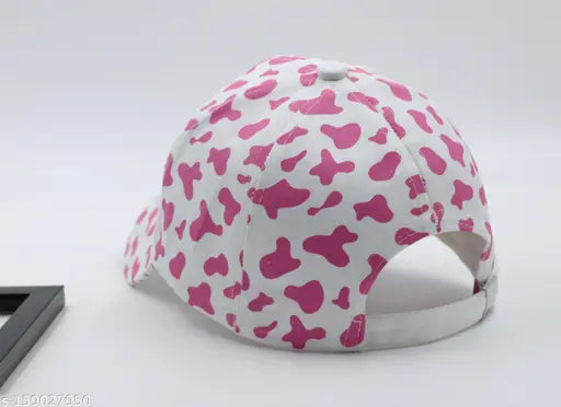 Cotton cow print white pink baseball cap, onesize keep cool style from India