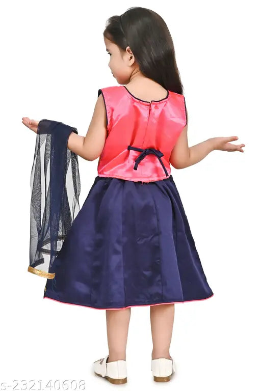 Embroidered chanderi silk lehenga cholis for kids, net dupatta with linen sleeves. Hand-stitched Indian traditional outfits for 18-24 months to 3-4 years