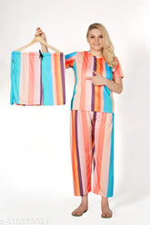 Women's striped polyester night suit set (top, shorts, pyjamas) - perfect for women & girls - casual 3 piece combo for sleepwear