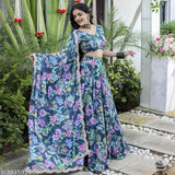Floral faux Georgette Lahenga set, semi-stitched with digital print and embroidered lace border. Indian-made women's traditional wear