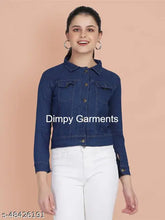 Dark blue solid denim women's jacket, long sleeves, collared neckline, dual chest pockets, button closure. Size XS (34-18). Indian-made classic denim wear
