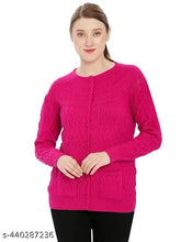 Soft wool women's cardigan, long-sleeved round neck with front pockets, solid design, Made in India