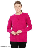 Soft wool women's cardigan, long-sleeved round neck with front pockets, solid design, Made in India