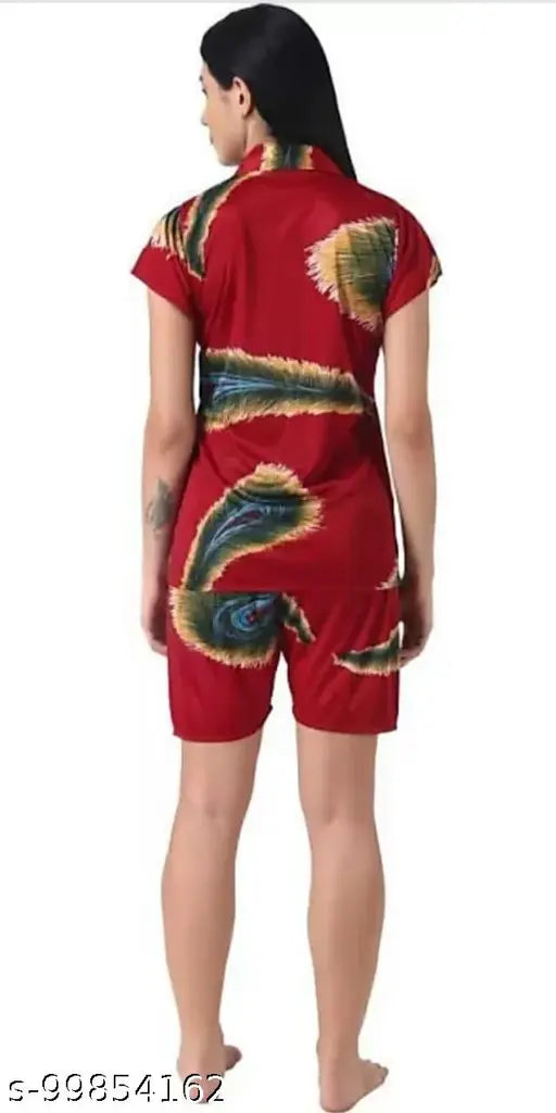 Women's satin pyjama set with printed net top and short, Made in India