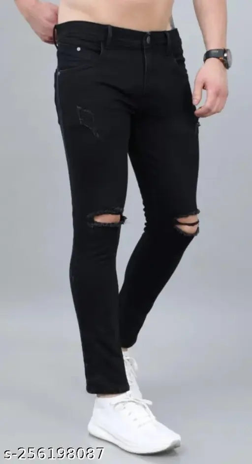 Black denim knee-cut jeans by Enaya, perfect for a trendy casual look