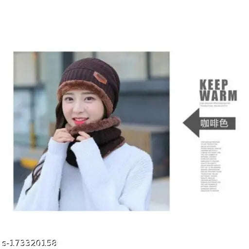 Brown woolen beanie/skull cap & neck warmer combo with faux fur inner side for winters | Woolen hat | Hedging hat scarf set | Winter cap | Air proof cap | Ear warmer | Nailingcraft clipper thick & soft anti-allergic beanie for men & women this autumn-winter season