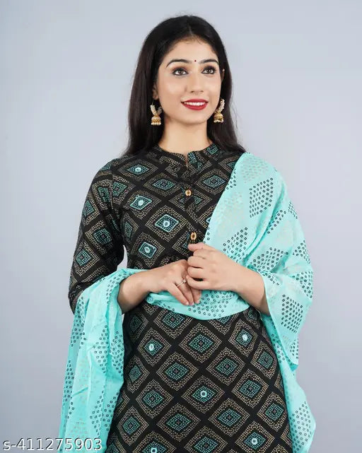 Cotton/Rayon printed kurti set with Sharara and dupatta, yellow top with black palazzo – Indian ethnic wear for women, size S-XXL