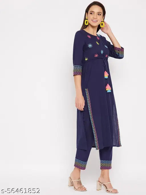 WineRed embroidered cotton kurta and pant set for women, three-quarter sleeve, no dupatta, Indian ethnic clothing