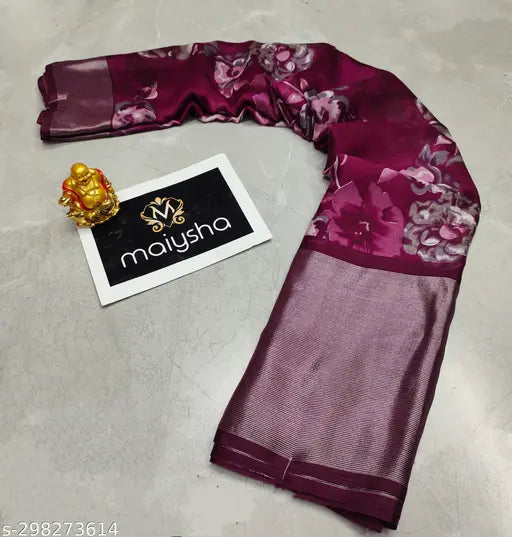 Soft Brasso Moss Chiffon Floral Print Saree with Contrast Blouse, Indian summer collection