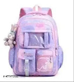 Charming purple synthetic print kids backpack with keychain, features multiple pockets, durable fabric, perfect for school or play