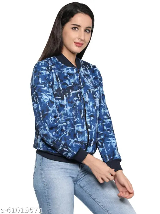 Long-sleeve printed combo camo bomber jacket for women, poly cotton fabric, ribbed collar, zipper, pockets - India