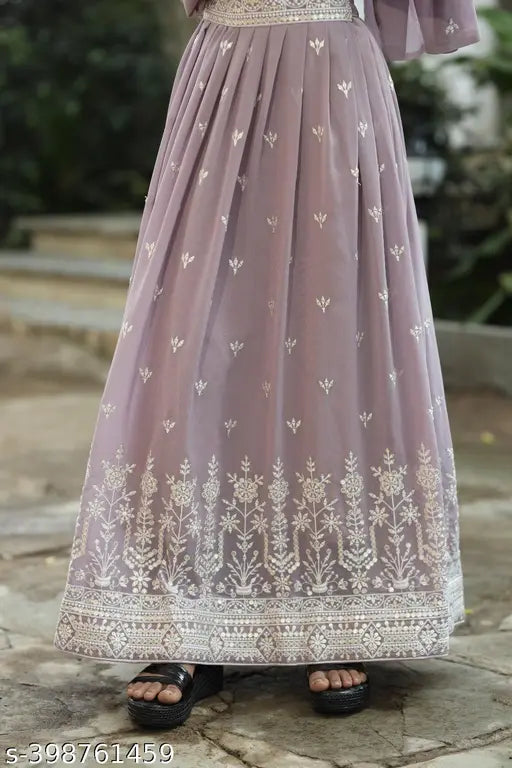 Girls lavender georgette lehenga choli suit, intricate sequence embroidery, soft cotton, special occasion wear, India