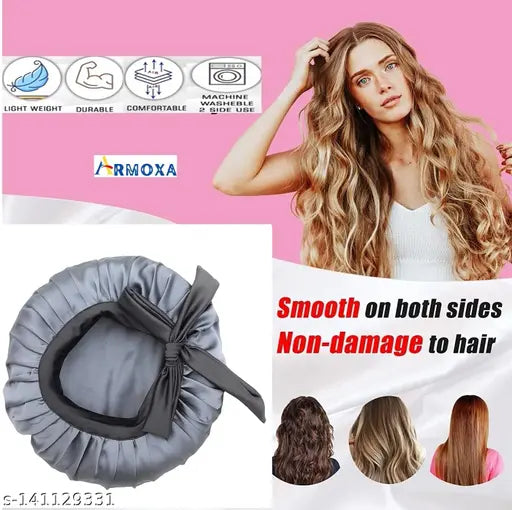 Grey Silk Satin Shower Cap with 3 Free Soft Scrunches, adjustable for comfortable wear and protective for fragile hair