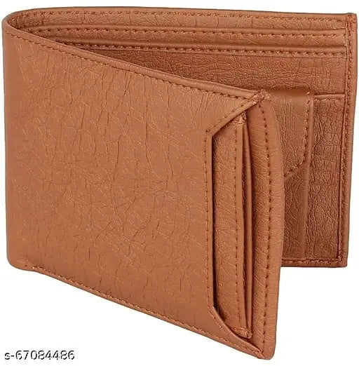 Tan PU men's wallet with 5 compartments, solid pattern, free size (9cm x 12cm). Durable, compact, and lightweight leather wallet for men - perfect gift accessory