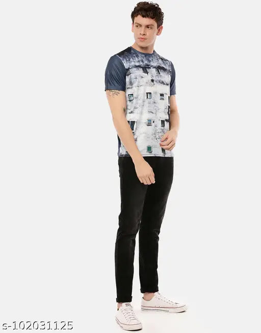 Black and blue printed men's t-shirt, polyester, short sleeves, monochromatic design from Inkjam (India)