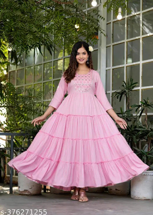 Rayon Anarkali Kurti with Mirror Sequence Embroidery - Traditional Indian garment, three-quarter sleeves, multiple sizes available