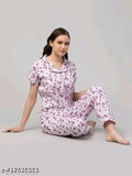 Women's printed cotton night suit shirt and pyjama set, short-sleeved, colorful pattern, size S-XXL, made in India