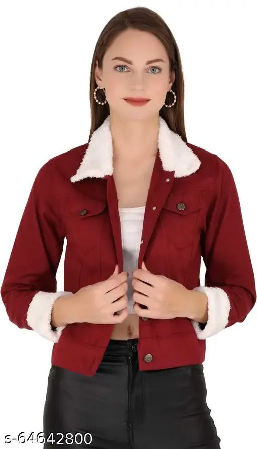 Stylish cotton blend fur jacket - solid pattern, three-quarter sleeves, women's jacket, India