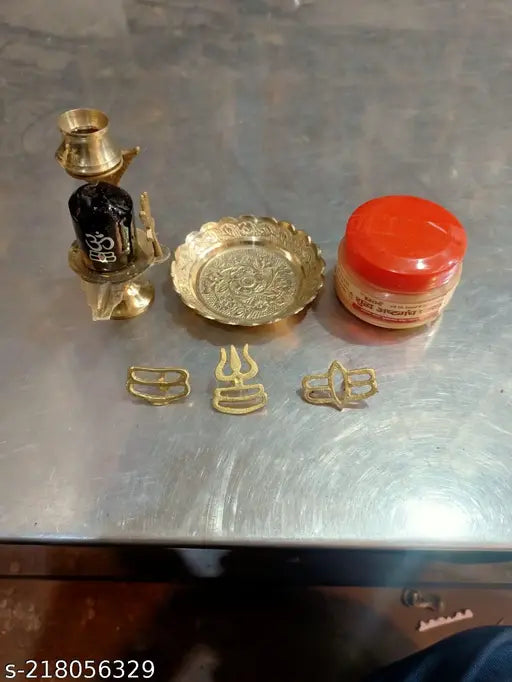 Brass Shivling combo with lota, plate, and tilak stamps, traditional Indian religious item set of 6