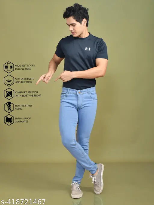 Stylish dyed/washed denim men's jeans, crafted from cotton. Mid rise, regular fit with sizes ranging from 28 to 42 inches (waist, length, hip). Indian origin