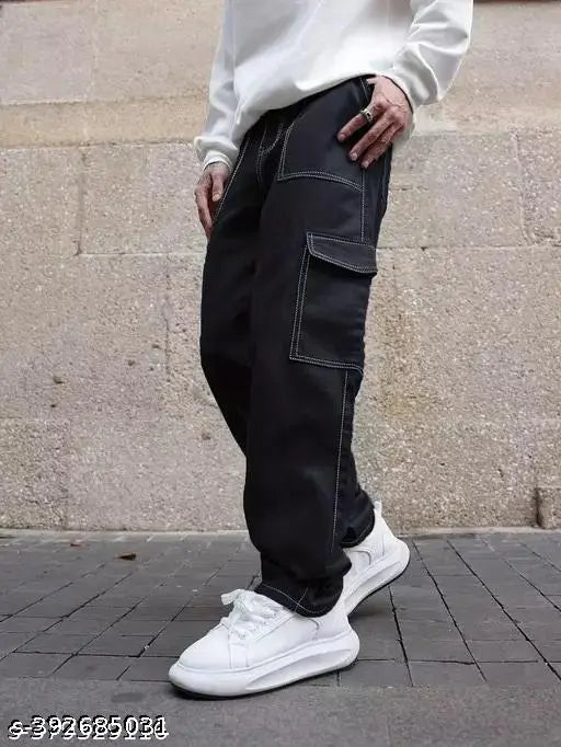 Stretchable black denim baggy jeans for men by Markview, perfect fit for sizes 26, 28, 30, or 32