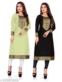 Slub cotton three-quarter sleeve kurti set, featuring lace border and solid pattern. Pack of 2 for women's fashion in various sizes. Indian handcrafted clothing on display