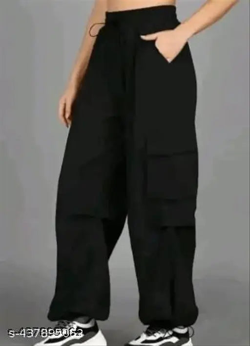 Aasha Textiles solid polyester cargo pant, fashionable design in three sizes: S-28", M-30", L-32" (India)