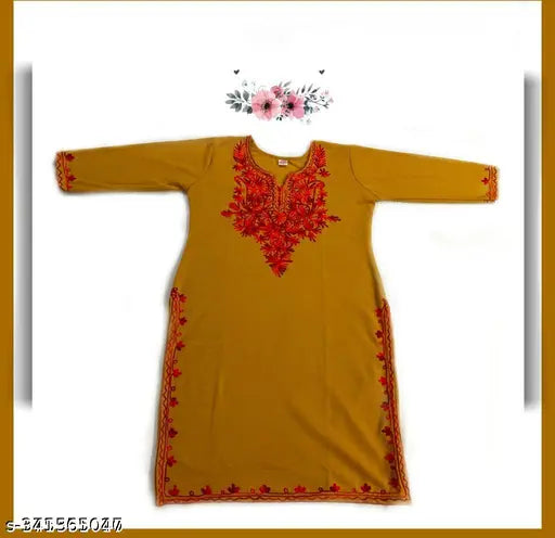 Woolen embroidery kurti, three-quarter sleeve, intricate embroidered design. Premium wool fabric for winter warmth and versatile styling. Made in India