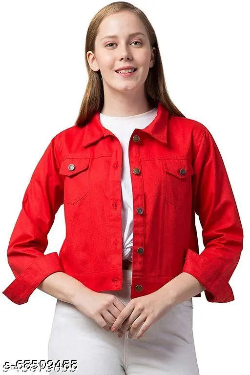 Red and neon green solid denim women's jacket, full sleeve length, ZOONI COLLECTION