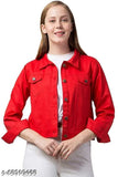 Red and neon green solid denim women's jacket, full sleeve length, ZOONI COLLECTION