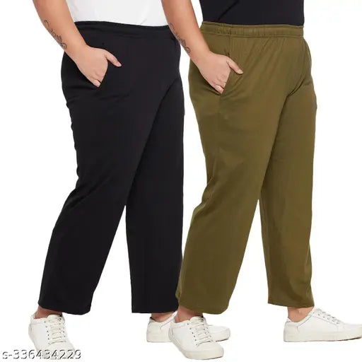 Black cotton plus size women's pyjama track pants combo with elastic waistband and drawstring, 2 side pockets. Premium quality Indian-made cotton loungewear for women