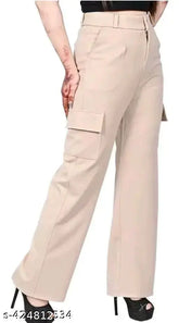Cream cotton-lycra cargo pants by MP FASHION, ideal for women's casual wear