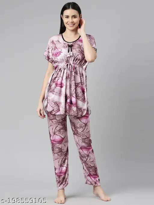 Siya satin nightsuit set, printed net pattern on display, women's regular pyjamas with short sleeves, sizes L/XL/Free Size (India origin)